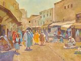 painting of a street scene with people walking and sitting on the sidewalk