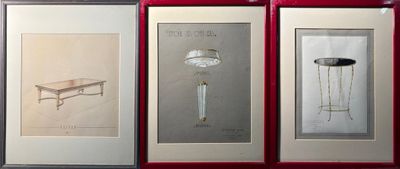 three framed pictures of different types of furniture displayed in a red frame