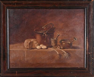 an oil painting of a still life with eggs and other items