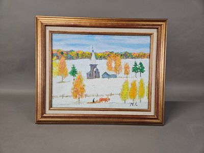 an oil painting of a farm scene with a barn in the background