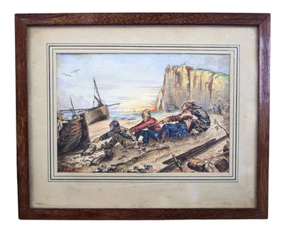 an image of a picture of a painting of a boat on the beach