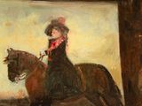 a painting of a woman riding a horse with a man in the background