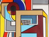 une peinture abstraite représentant un motif géométrique avec un cercle rouge, un cercle bleu, un cercle jaune et un cercle rouge