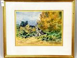 framed oil painting of a landscape with a dog and trees