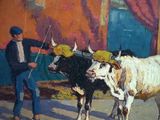a painting of a man leading two cows down the street