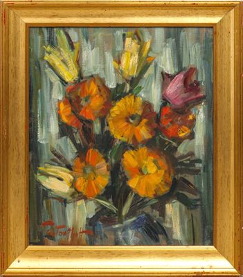a painting of flowers in a vase on a table