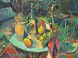 un tableau représentant une table sur laquelle se trouve un bol de fruits