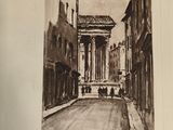 drawing of a street scene with a building and people walking down it