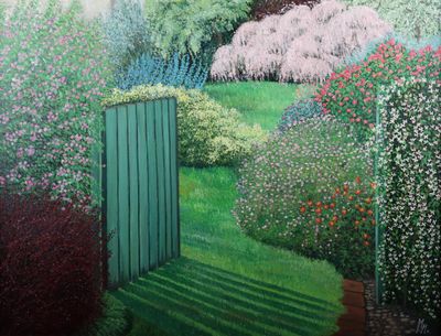 un tableau représentant un jardin avec un portail au milieu