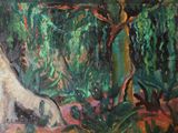 a painting of a cat that is sitting in the grass