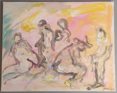 une peinture représentant un groupe de nus accrochée au mur