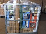 a metal cart with many items in it in a warehouse