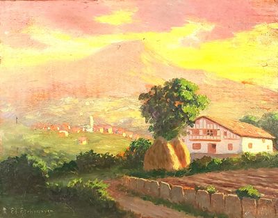 a painting of a farm scene with a house in the background