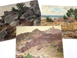 three paintings of rocks and trees on a white surface
