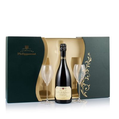 two glasses and a bottle of champagne in a gift box