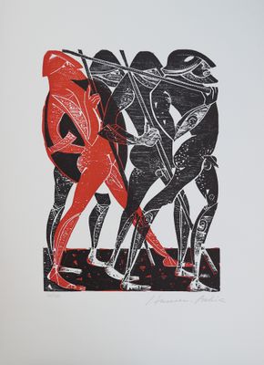 une image représentant un dessin en noir et rouge de trois personnes