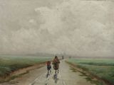a painting of two people riding horses down a road