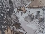 a picture of a drawing of a village in the country