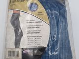 the back of a package of blue leggings on a white background