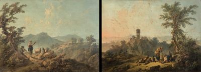 deux photos d'un tableau représentant un paysage de montagne avec des personnages au premier plan