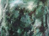 an oil painting of a green and white landscape with trees in the background