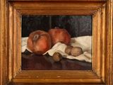 a painting of apples and nuts on a table