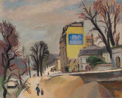 un tableau représentant une scène de rue avec un immeuble jaune