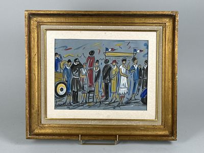 peinture d'un groupe de personnes devant un bâtiment