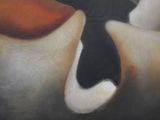 a painting of a black and white cat with a red nose