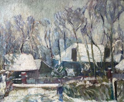 peinture représentant un paysage enneigé avec une maison et des arbres en arrière-plan