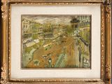 an image of a painting of a city street with people walking on it