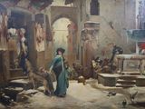 un tableau représentant une femme en robe bleue marchant dans une cour