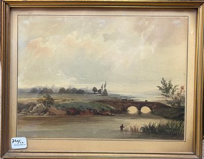 an oil painting of a river scene with a bridge over a river