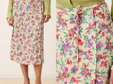 two photos of a woman wearing a skirt and a green cardigan