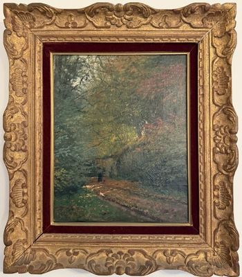 an image of a painting of a person walking in a wooded area