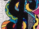 un gros plan sur une peinture représentant le symbole du dollar sur un fond coloré