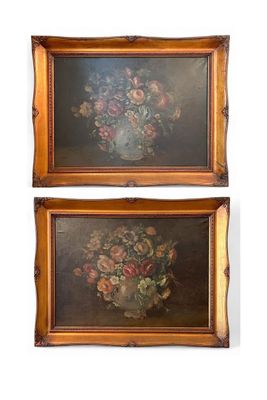 painting of a vase of flowers on a table and a painting of a vase of flowers on a table