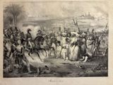 an old picture of a group of people standing around a man on a horse