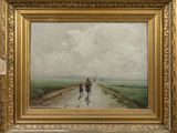 an oil painting of two people walking down a road with a dog