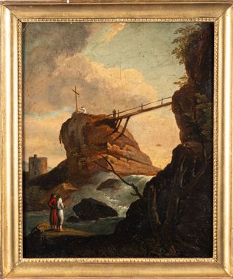 une image représentant un tableau où l'on voit un homme et une femme debout devant un pont