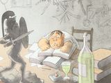 a drawing of a man sleeping on a bed with a knife and a bottle of wine
