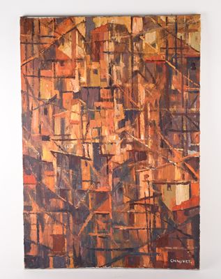 abstract painting of a cityscape in brown, orange, and red