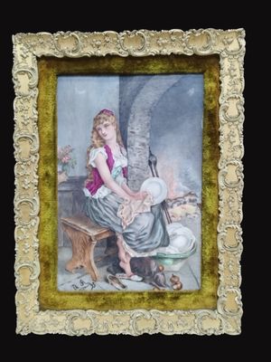 tableau représentant une femme assise sur un banc à côté d'un chat