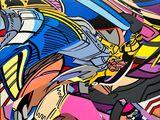 painting of a man riding a motorcycle with a lot of colorful designs on it