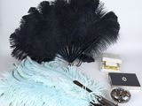 des plumes d'autruche noires et bleues, des perles et une paire de ciseaux sur fond blanc