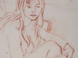 drawing of a woman sitting on a couch with her legs crossed