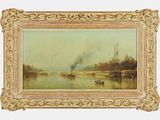 une image d'une peinture représentant une scène de rivière avec un bateau dans l'eau