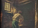 an old painting of a man standing in a room with a window