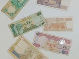 five different bank notes laid out on a white surface