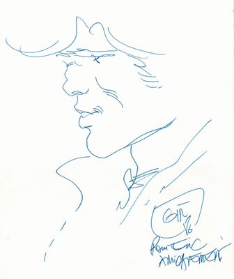 dessin représentant un homme coiffé d'un chapeau, portant une moustache et une cravate